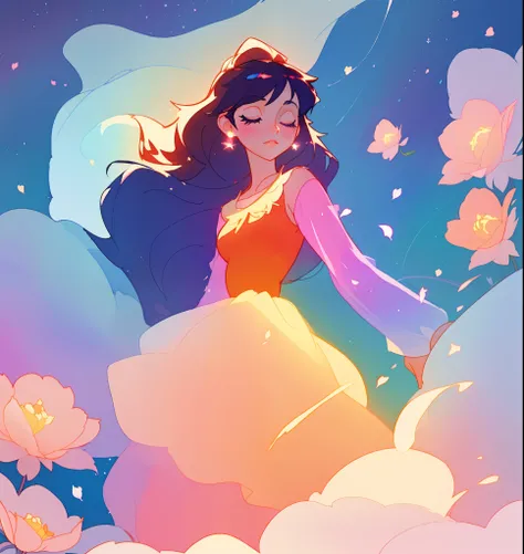 beautiful girl in puffy ballgown, princess, whimsical circular watercolor background, long dark hair, watercolor illustration, inspired by Glen Keane, inspired by Lois van Baarle, disney art style, by Lois van Baarle, glowing aura around her, by Glen Keane...