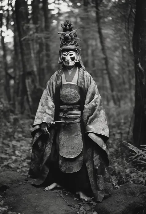 Full body, Tribe of ancient Japan masked giants locals々and take pictures with strange animals, Capture in black and white, Photos from the 1900s, Gelatin silver print, Add noise, Old Photo Effects