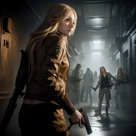 pefect face, glare expression, beautiful face, long blonde hair, holding a gun