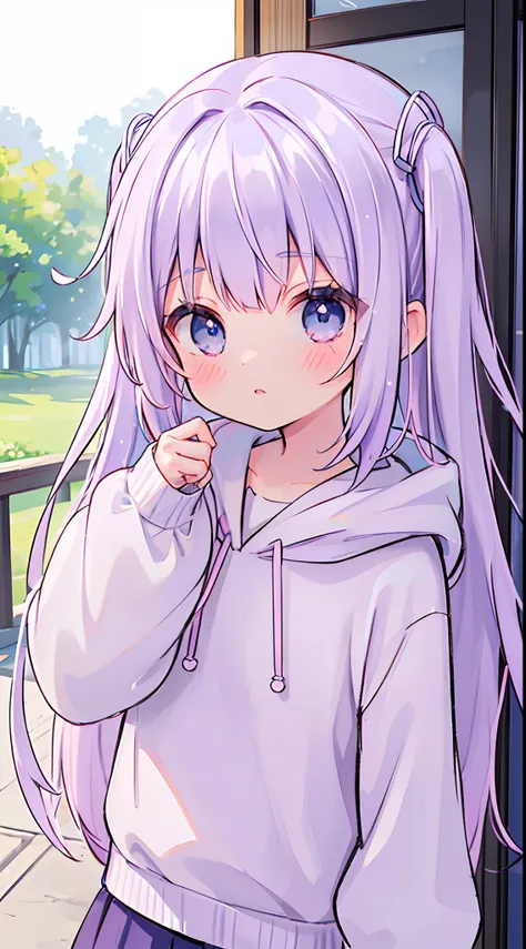 ((hiquality,Masterpiece,Top image quality,8K,Best Quality))1girl in,女の子1人,Lori,cute little,Light purple hair,Twin-tailed,Two knots,Bow,Light blue eyes,Light purple hoodie