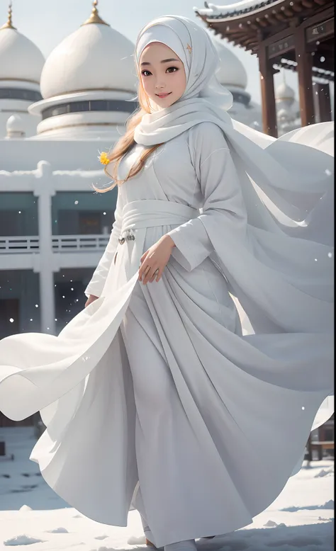 Best quality, 4K picture quality, 1 malay girl in hijab, white Hanfu, snow, long hijab fluttering in the wind, healing smile, large aperture, blurred background, mosque in background, movie shot framing, high quality, cinematic scene, cinematic lighting, c...