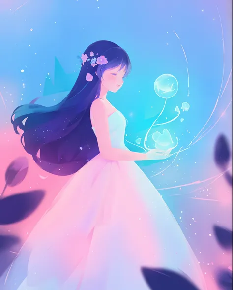 beautiful girl in puffy white ballgown, long dark hair, magical glowing blue lights coming from her hands, magical, whimsical, blue pink and purple colors, watercolor illustration, inspired by Glen Keane, inspired by Lois van Baarle, disney art style, by L...