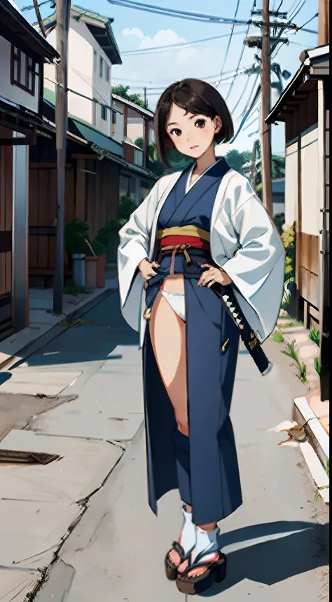 {{{masterpiece}}}, {{{best quality}}}, {{ultra-detailed}}, {illustration}, {{an extremely delicate and beautiful}},(Edo townscape),1girl, cute girl, solo, japanese clothes, short hair, weapon,( sword:1.2), brown eyes, looking at viewer, kimono,(Clothes com...