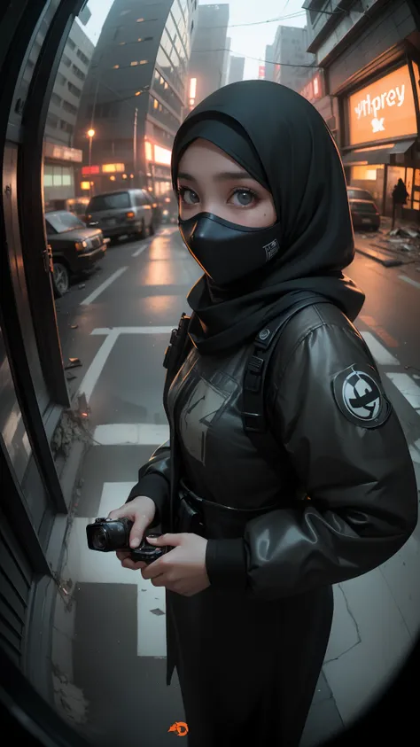 (Selfie, POV, 1 malay girl in hijab rogue agent wearing mask, in a empty abandoned dystopian street year 2010, wearing hijab, trashbags broken cars. (fisheye lens:1.2), nighttime analog style, masterpiece, (detailed eyes), best quality, epic, hyperrealisti...