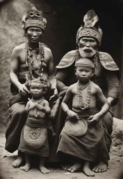 Full body, Tribal family wearing Jomon clay figurine masks, Take photos with strange animals, Capture in black and white, Photos from the 1900s, Gelatin silver print, Add noise, Old Photo Effects