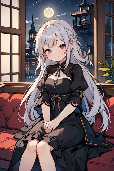 one girls、(masutepiece)、high-level image quality、silber hair、Longhaire、(From diagonally front:1.2)、Black eyes、Delicate eyes、Black dress、Lace sleeves、耳Nipple Ring、(Sit on an English-style sofa:1.2)、Full moon background、Full moon and night sky from the windo...