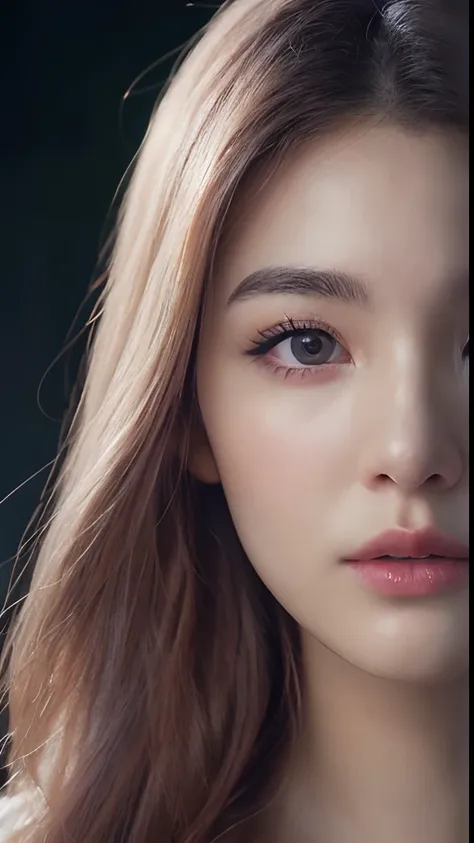 (daydream), 1girl, (upper body (close face)) picture, Kim Yoo-jung, (beauty goddess (Russian)), (insult strip colour hair), (8k HD extremely realistic detailed eye:1.5 (soft scene, very low lightning), detailed beautiful reflection pupil, masterpiece:1.3, ...