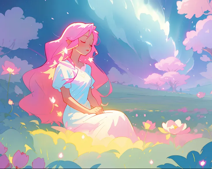 beautiful girl in white dress, fairy dress, beautiful girl sitting in a field with pink red flowers, glowing lights, whimsical landscape, long pink flowing hair, watercolor illustration, inspired by Glen Keane, inspired by Lois van Baarle, disney art style...