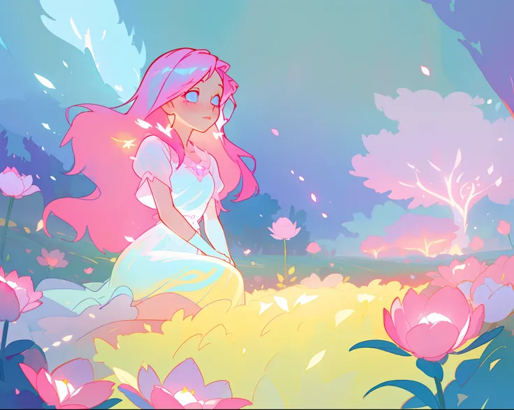 beautiful girl in white dress, fairy dress, beautiful girl sitting in a field with pink red flowers, glowing lights, whimsical landscape, long pink flowing hair, watercolor illustration, inspired by Glen Keane, inspired by Lois van Baarle, disney art style...