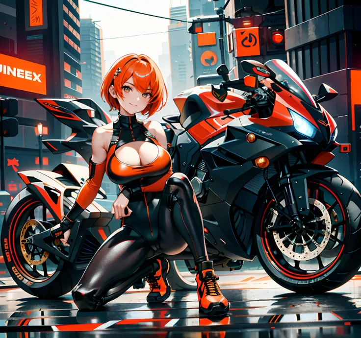 A 20-year-old woman sits on the ground，Next to it is a black and orange motorcycle, Orange mushroom head short hair, huge tit, Plump crotch, Fitness model, Black bodysuit, sitting on cyberpunk motorbike, motorcycle, Motorcycles, sitting on the motorcycle, ...