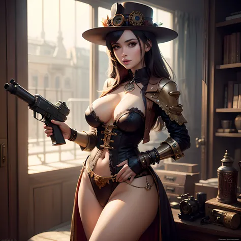 There is a woman wearing a Steam Punk hat and holding a gun., Steampunk girl, wearing sexy Steampunk outfits, steampunk inventor girl, (Steampunk), (Steampunk), steampunk style, half-open stempunk shirt, breasts showing, Steam-punk , steampunk fiction, ste...