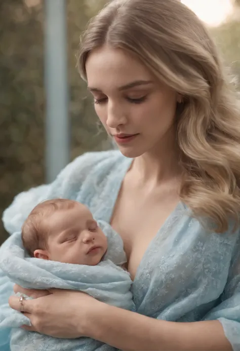 pale fair complexion, mulher em torno de 20 anos, cabelos castanhos naturais, vestindo kohl, Beautiful, seios grandes, olhar inocente, holding a child in your arms, the baby is asleep, Baby has silver blonde hair, The baby is wrapped in blue colored velvet...