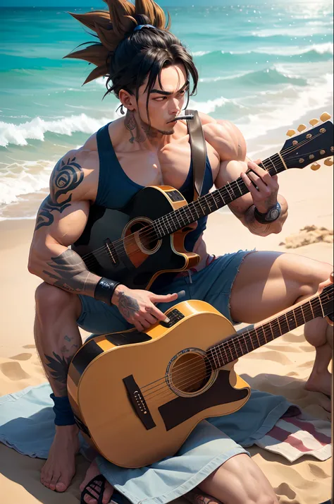 Tattooed Goku and bodybuilder on the beach, smoking and playing guitar, 16k, ultra realistic