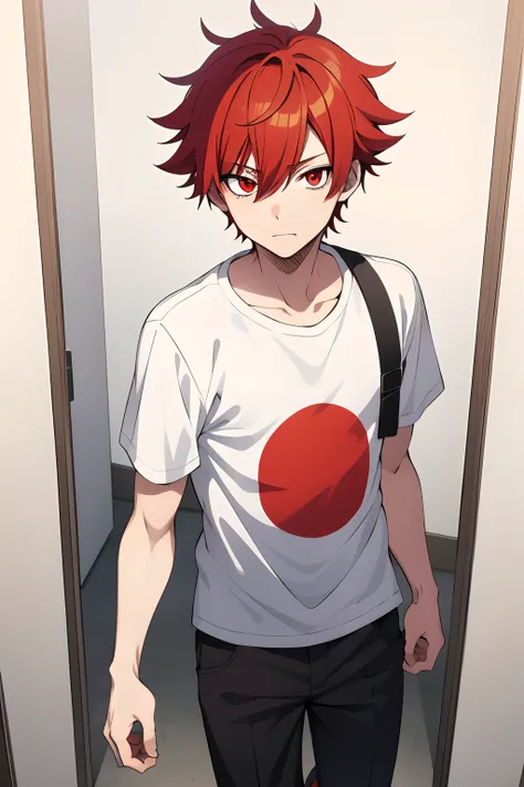 a anime of a teenage boy with a red hair, red eyes, walking down hallway pass other kids, white shirt, relaxed face, color manga, manga color, color manga, color manga panel, simple background, a white background