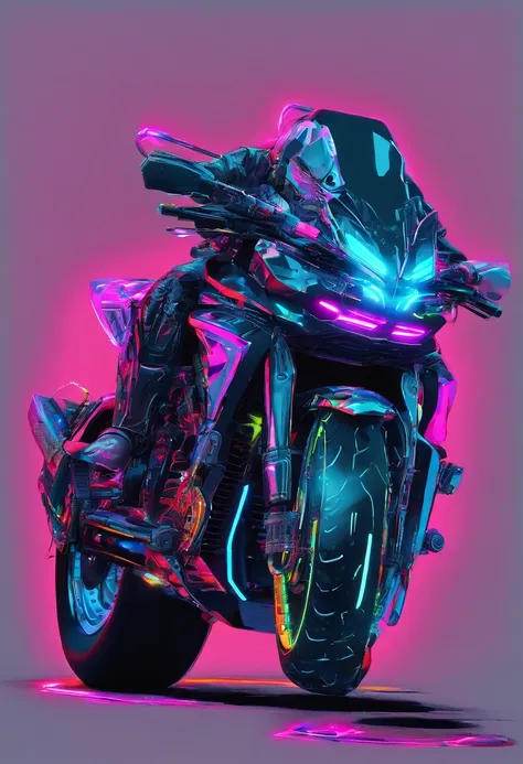 Motocicleta estilo cyberpunk, colorido em preto e neon, featuring complex and intricate mechanical structures with shiny parts. fundo simples, Fotografado por Juergen Teller. CAMERA MODEL: Sony a9 II. Camera parameters: Velocidade do obturador 1/200, Abert...