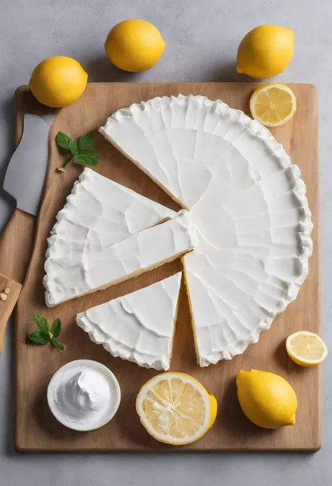 chopping board，eggshell，farinha，Clara，Small lemon，Lemon meringue pie，Creative composition，professional photoshooting，