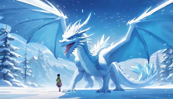 Frost Dragon, Snow-white scales, Majestic and majestic, Icy breath, cold environment, massive wings, On the ground covered with snow and ice, Expels the aura of the cold dragon