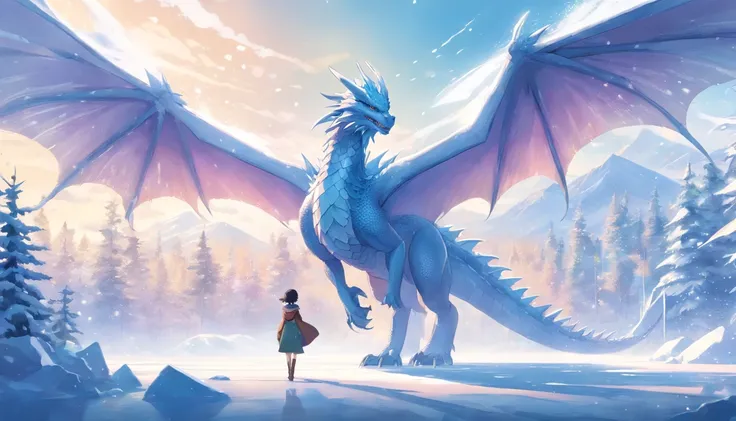 Frost Dragon, Snow-white scales, Majestic and majestic, Icy breath, cold environment, massive wings, On the ground covered with snow and ice, Expels the aura of the cold dragon