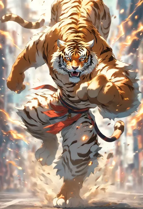 Tiger fighter in malay traditional outfit, in a fighting posture, On the road, to stand, White Tiger, humenoid body, bokeh, high quality, cinematic lighting, dramatic smoke effect on the ground,