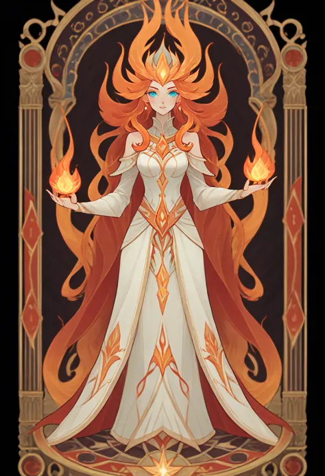 Full body portrait of 1 girl, Flame Mage, Gorgeous long dress, standing on your feet, (((独奏))), Clear facial features, Simple line design, ((tarot card background, symmetric beauty)), perfectly symmetrical, The art of symmetry, Standing drawings of charact...