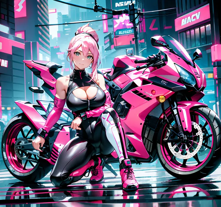 A 20-year-old woman sits on the ground next to a black and pink motorcycle, Pink ponytail, huge tit, Plump crotch, Fitness model, wearing a black bodysuit, sitting on cyberpunk motorbike, motorcycle, Motorcycles, sitting on the motorcycle, motorbiker, pink...