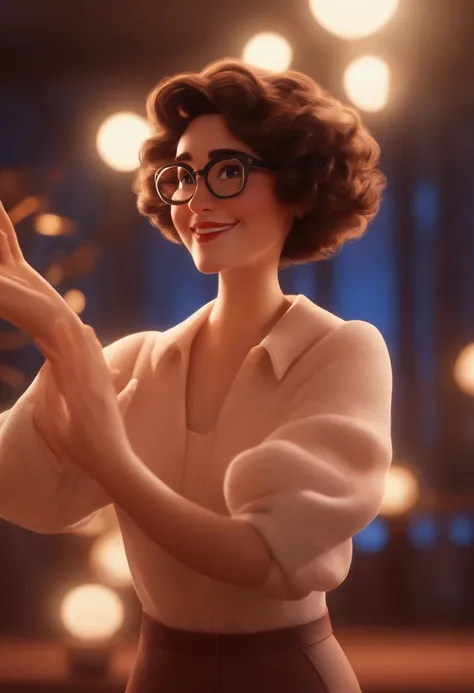 Pixar style image with 3D character white glasses brunette woman short curly hair dancing, Maquiagem Disney,fofo, 可爱, sorridente ,Close-up, Pixar, Disney, Cinema lighting,