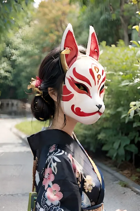A woman wearing a kitsune mask with a kimono on, ((facing viewer)), kitsune mask concealing face