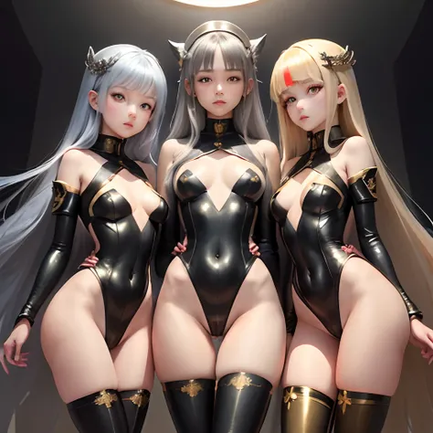 silber hair、hime-cut、Golden Eyes、Teenage sisters、flat chest、Thin pubic hair、Beautiful open legs、military outfits