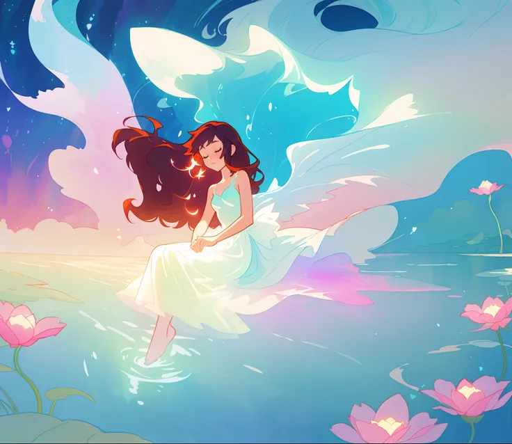 beautiful  girl covered by seafoam, long dark hair, beautiful girl sitting in the water, dress made of white seafoam, water nymph, water fairy, watercolor illustration, inspired by Glen Keane, inspired by Lois van Baarle, disney art style, by Lois van Baar...