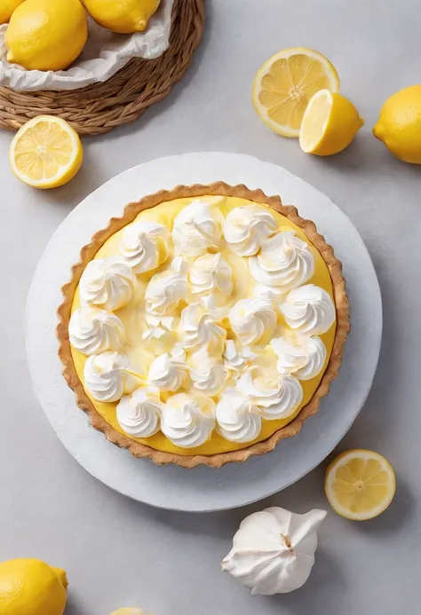 Lemon meringue pie，cinematic ligh，professional photoshooting，studio lit，studio context，advertisement photography，Complicated details，hyper-detailing，Ultra photo realsisim，8K UHD