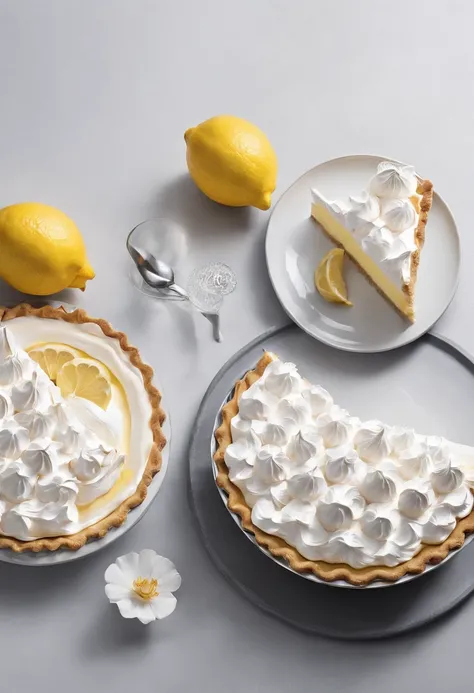 Lemon meringue pie，cinematic ligh，professional photoshooting，studio lit，studio context，advertisement photography，Complicated details，hyper-detailing，Ultra photo realsisim，8K UHD