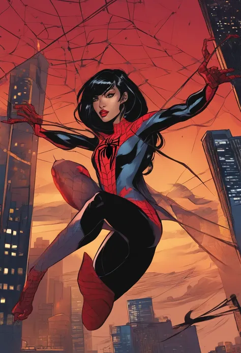 Spider verse character, woman , long pitch black hair with bangs , dark brown eyes, light tan skin, red and black spider suit,