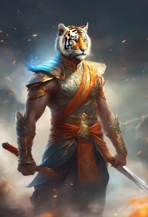 Tiger fighter in malay traditional outfit, in a fighting posture, On the road, to stand, White Tiger, humenoid body, bokeh, high quality, cinematic lighting, dramatic smoke effect on the ground,