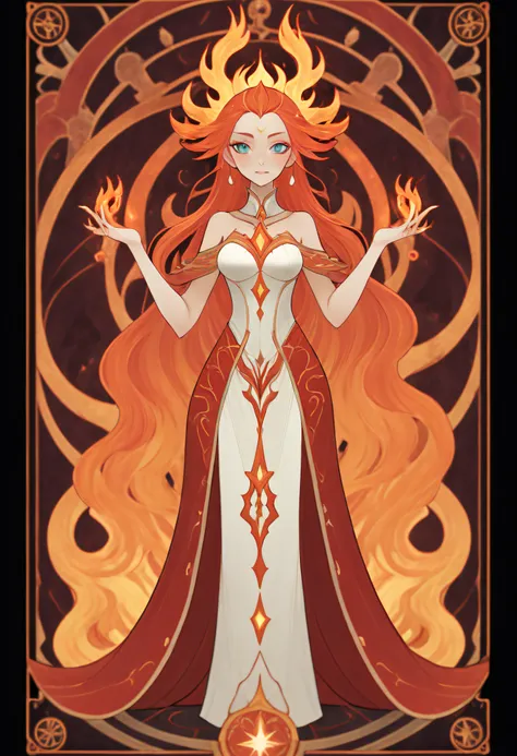 Full body portrait of 1 girl, Flame Mage, Gorgeous long dress, standing on your feet, (((独奏))), Clear facial features, Simple line design, ((tarot card background, symmetric beauty)), perfectly symmetrical, The art of symmetry, Standing drawings of charact...