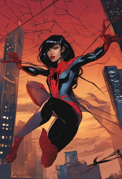 Spider verse character, woman , long pitch black hair with bangs , dark brown eyes, light tan skin, red and black spider suit,