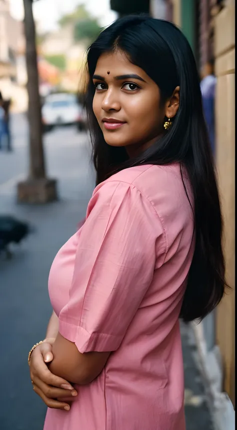 (full body, editorial photograph of a young dusky Indian woman), photographed in a busy street, (highly detailed face:1.4) (smile:0.7) (background Busy indian street , moody, private study:1.3) POV, nikon d850, film stock photograph ,4 kodak portra 400 ,ca...