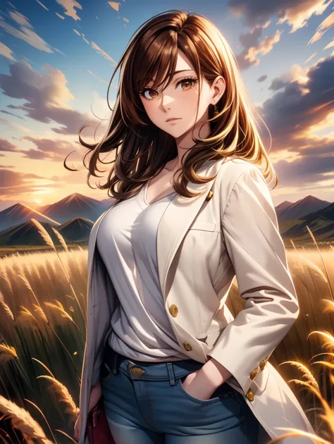 Best Quality, masutepiece, beautiful mature women、Beautiful face、Strong-minded woman、(White coat、jeans)、brown haired、(Brown-eyed)、Longhaire、Undersized eyes、(((Pampas grass、goldenrod)))、Flower garden large、Sunset