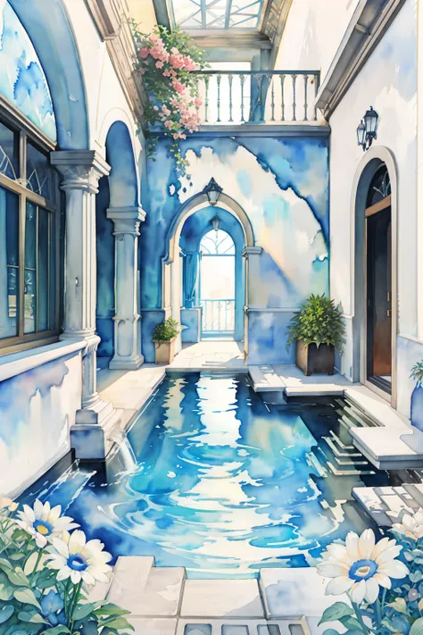 there is a drawing of a courtyard with a pool and a balcony, a pool inside the giant palace, interior background art, detailed watercolor, a beautiful artwork illustration, detailed watercolor painting, watercolor detailed art, architectural illustration, ...