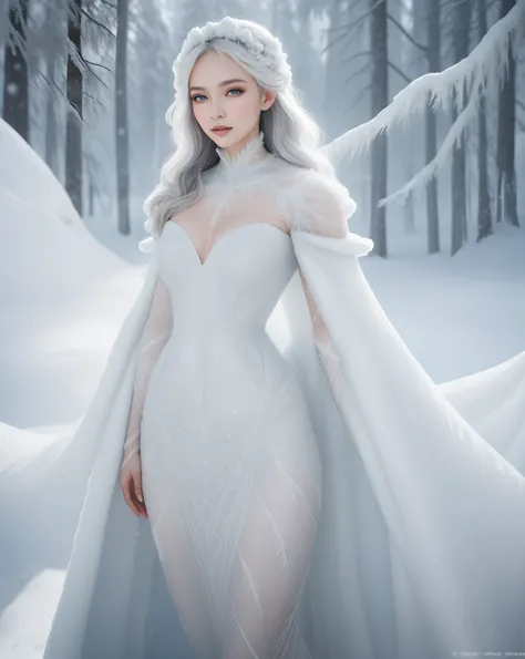 A stunning woman, wrapped in a winter dress sculpted from rime ice, its delicate patterns enhancing her beauty. She stands as a living embodiment of the seasons elegance, a fusion of natures art and human grace. Ice couture, winters muse, frosty elegance, ...