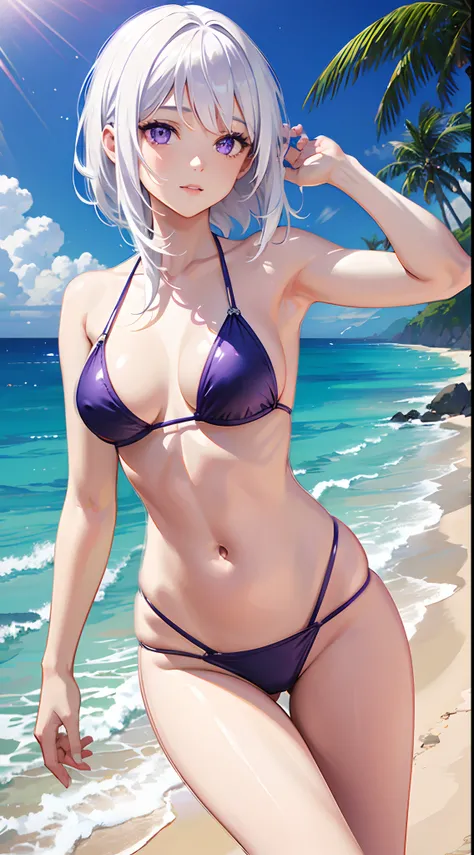 realistic, 1girl, white hair, purple eyes, bikini, beach, light particles, light rays, wallpaper,