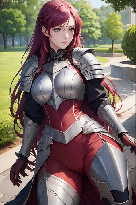 masterpiece, (realistic), highres, highly detailed, intricate, beautiful woman, magenta Long hair, Blue eyes, freckles, detailed face, knight, Red and Black armor.