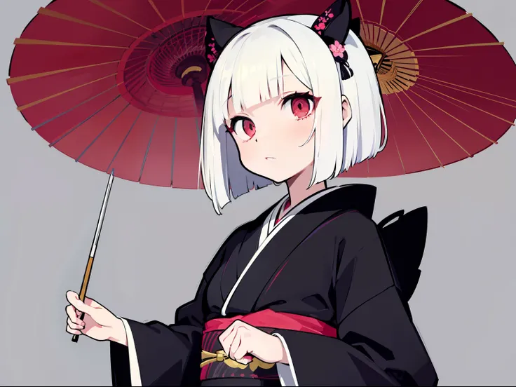 japanaese girl，Indifferent girl，White color hair，sharp look，Standing painting，Tall one，black kimono，Gorgeous kimono