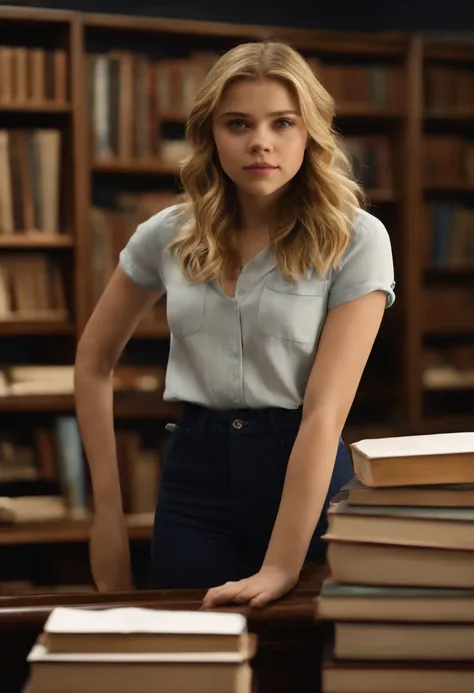 Chica con una blusa blanca y pantalones cortos azules de pie frente a un estante de libros, Chloe Grace Moretz, Chloë Grace Moretz, Chloe Moretz, Una colegiala hiperrealista, Gracia Moretz, adolescente hiperrealista, Colegiala hiperrealista, sydney sweeney...