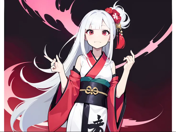 japanaese girl，Indifferent girl，White color hair，long whitr hair，sharp look，Standing painting，Tall one，black kimono，Gorgeous kimono