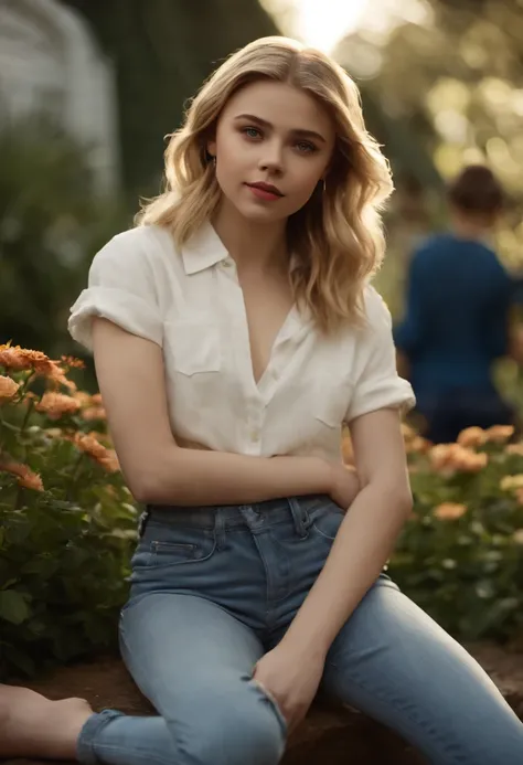 Chica con una blusa blanca y pantalones cortos azules, en el jardin, Chloe Grace Moretz, Chloë Grace Moretz, Chloe Moretz, Una colegiala hiperrealista, Gracia Moretz, adolescente hiperrealista, Colegiala hiperrealista, sydney sweeney, Joven Scarlett Johans...