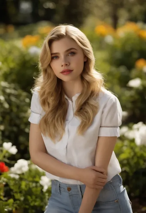 Chica con una blusa blanca y pantalones cortos azules, en el jardin, Chloe Grace Moretz, Chloë Grace Moretz, Chloe Moretz, Una colegiala hiperrealista, Gracia Moretz, adolescente hiperrealista, Colegiala hiperrealista, sydney sweeney, Joven Scarlett Johans...