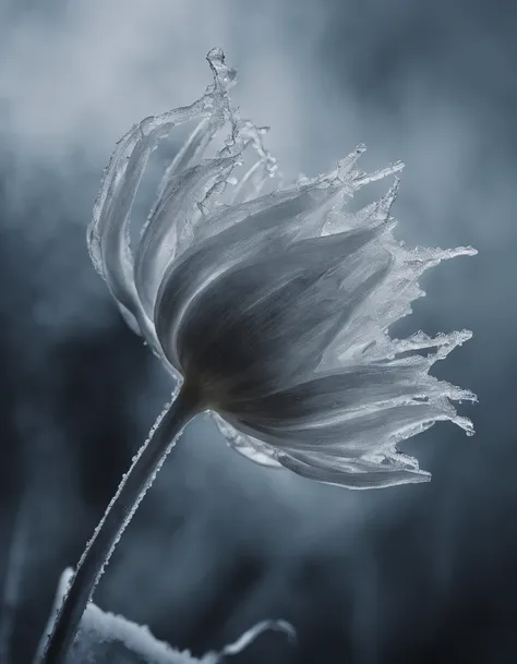 An enchanting macro shot of early rime ice delicately forming on a single, slender stalk of a tulip flower. The intricate ice crystals embrace the bloom, capturing the subtle magic of a frosty morning. Microscopic wonder, frozen delicacy, botanical enchant...