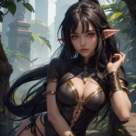 A dark elf with dark brown tan skin and amber eyes. Her elf ears are long and pointed. She has curly blue hair put up in a ponytail and bangs that frame her face.