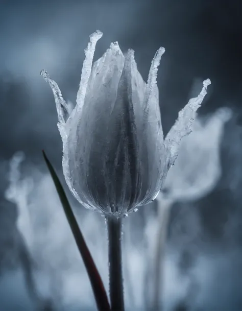 An enchanting macro shot of early rime ice delicately forming on a single, slender stalk of a tulip flower. The intricate ice crystals embrace the bloom, capturing the subtle magic of a frosty morning. Microscopic wonder, frozen delicacy, botanical enchant...