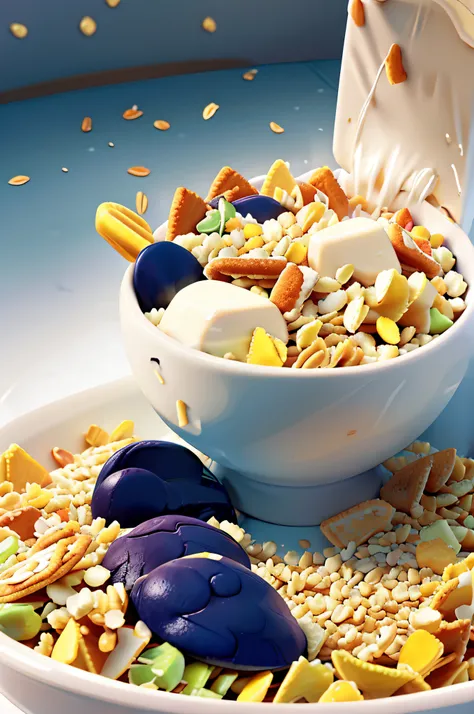 a bowl of cornflakes,milk,detail in the flakes,colorful flakes,cereal,pouring milk,crunchy flakes,cold milk,breakfast,cold cereal,paper box